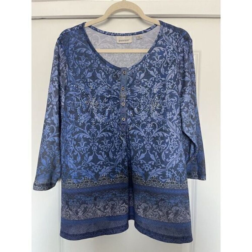 Avenue‎ Size 18/20 Embellished Blouse Top 3/4 Sleeve Blue Waffle Knit Top